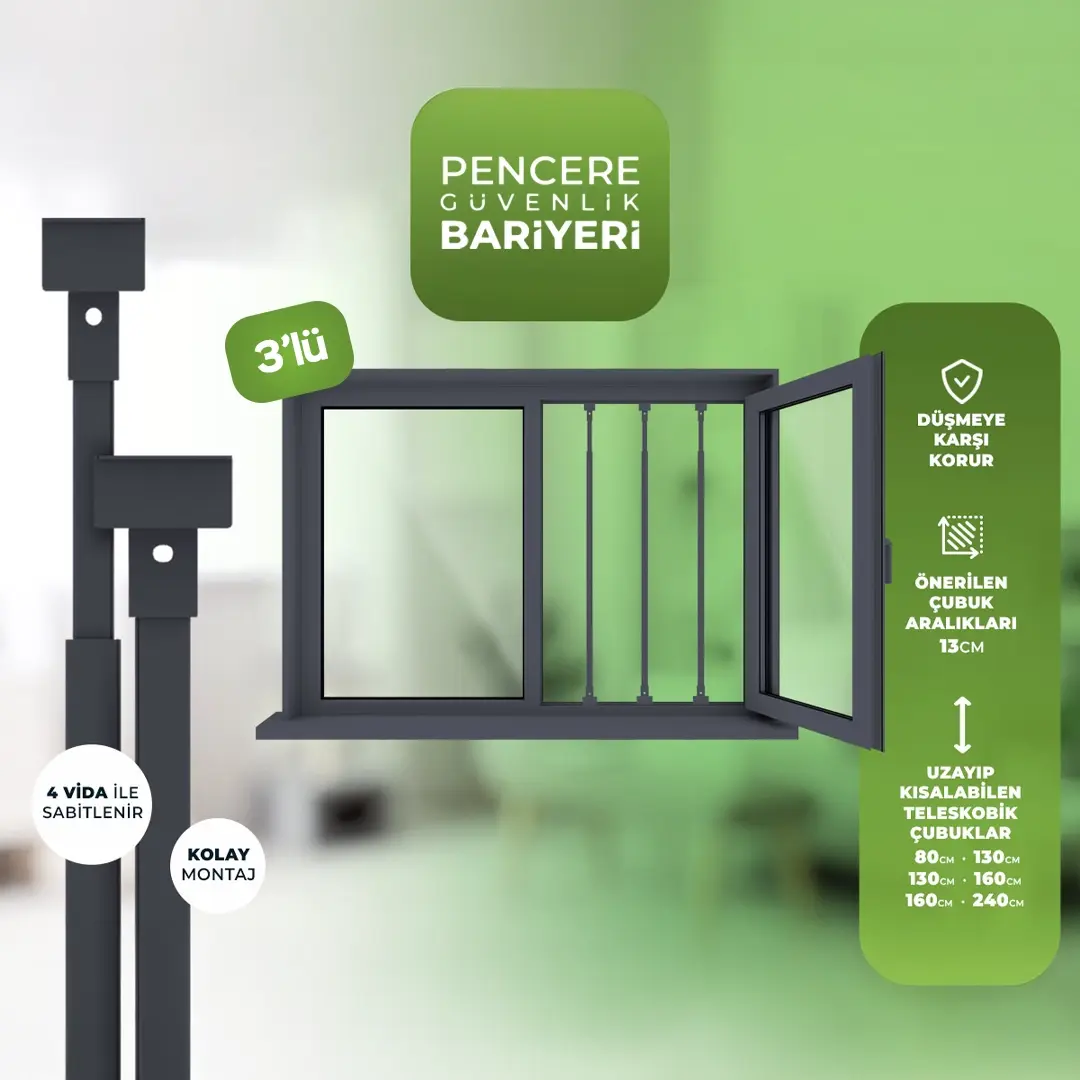 Pencere Güvenlik Bariyeri 3'lü - Antrasit Gri