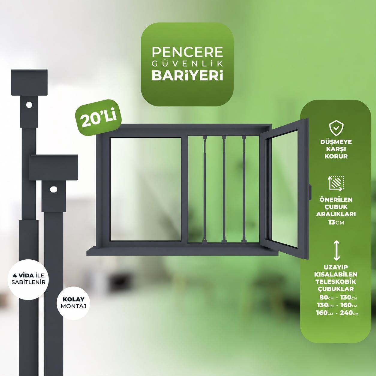 Pencere Güvenlik Bariyeri 20'li - Antrasit